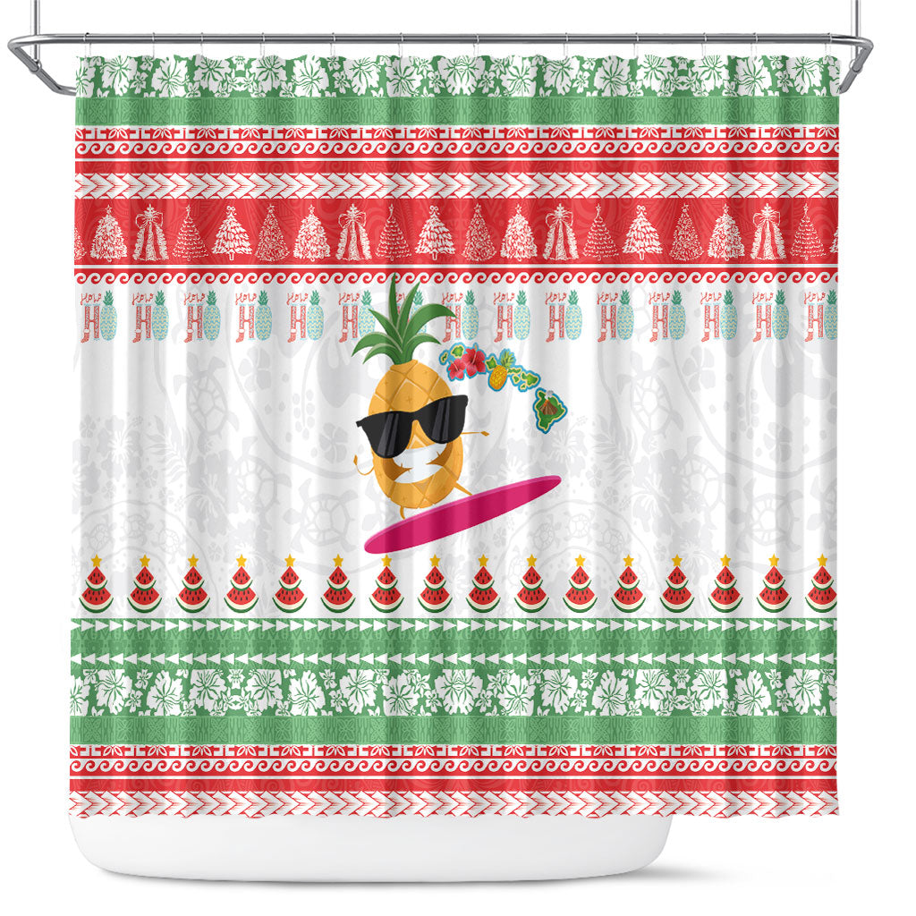 Hawaiian Mele Kalikimaka Shower Curtain Funny Pineapple Surfing with Map Christmas Stripe Elements