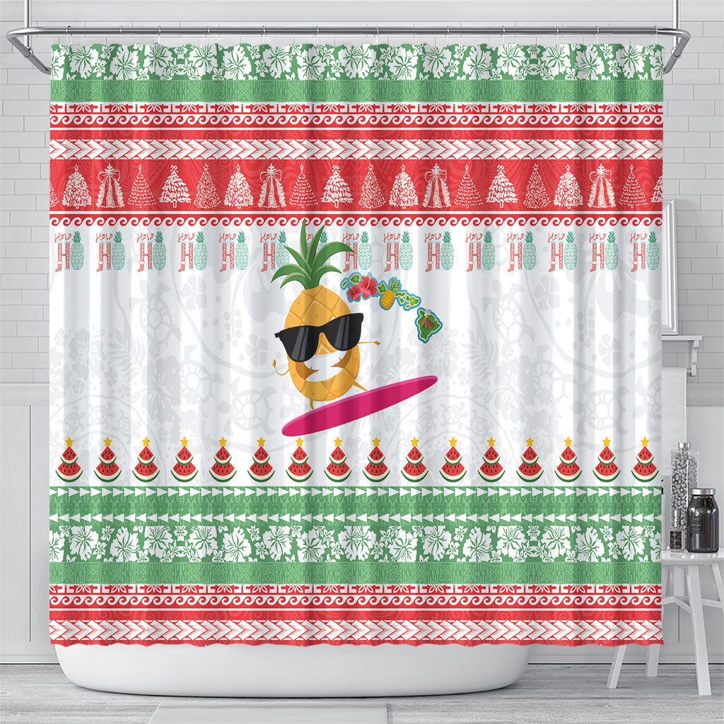 Hawaiian Mele Kalikimaka Shower Curtain Funny Pineapple Surfing with Map Christmas Stripe Elements