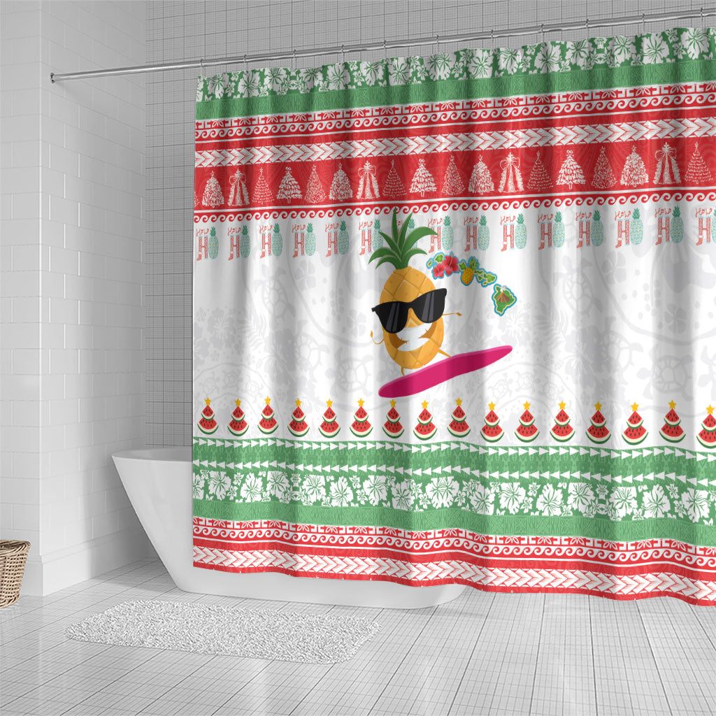 Hawaiian Mele Kalikimaka Shower Curtain Funny Pineapple Surfing with Map Christmas Stripe Elements
