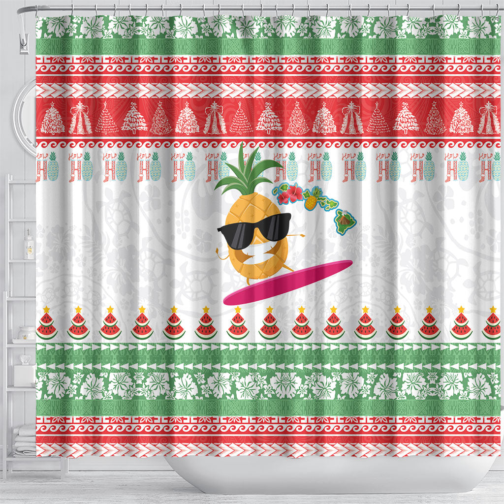 Hawaiian Mele Kalikimaka Shower Curtain Funny Pineapple Surfing with Map Christmas Stripe Elements