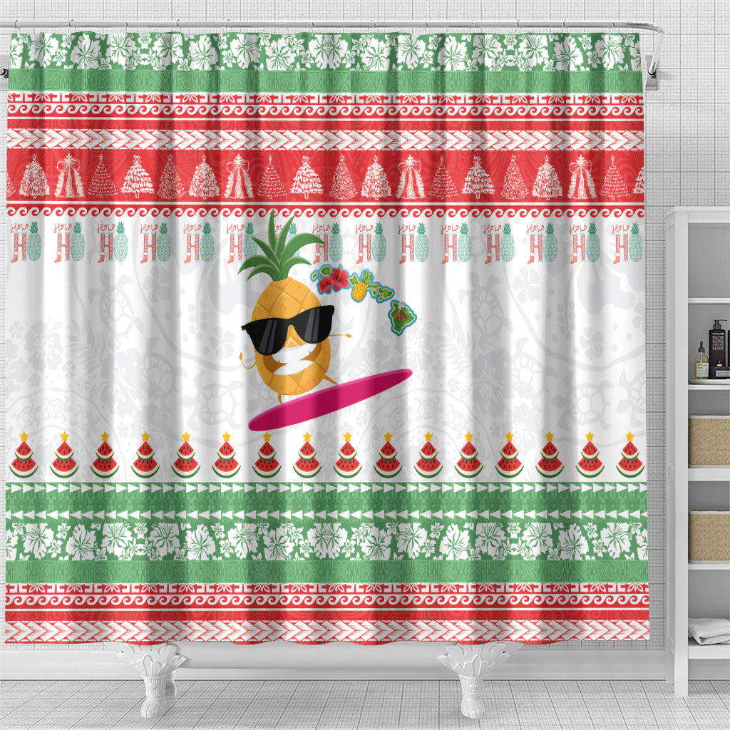 Hawaiian Mele Kalikimaka Shower Curtain Funny Pineapple Surfing with Map Christmas Stripe Elements