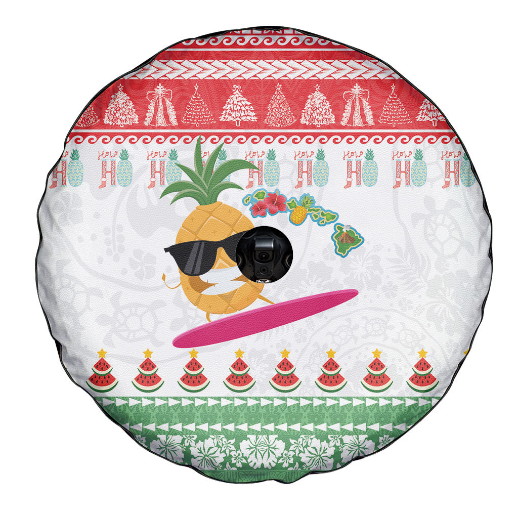 Hawaiian Mele Kalikimaka Spare Tire Cover Funny Pineapple Surfing with Map Christmas Stripe Elements