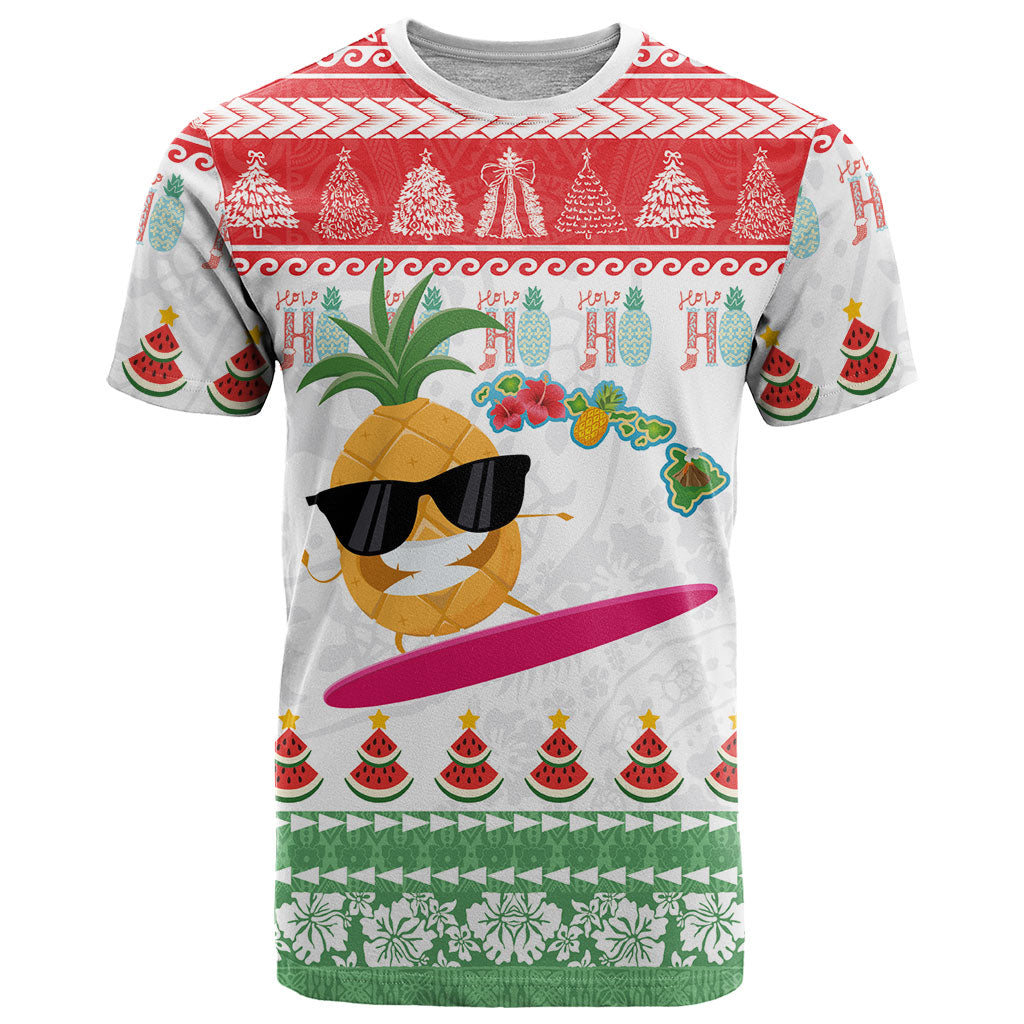 Hawaiian Mele Kalikimaka T Shirt Funny Pineapple Surfing with Map Christmas Stripe Elements