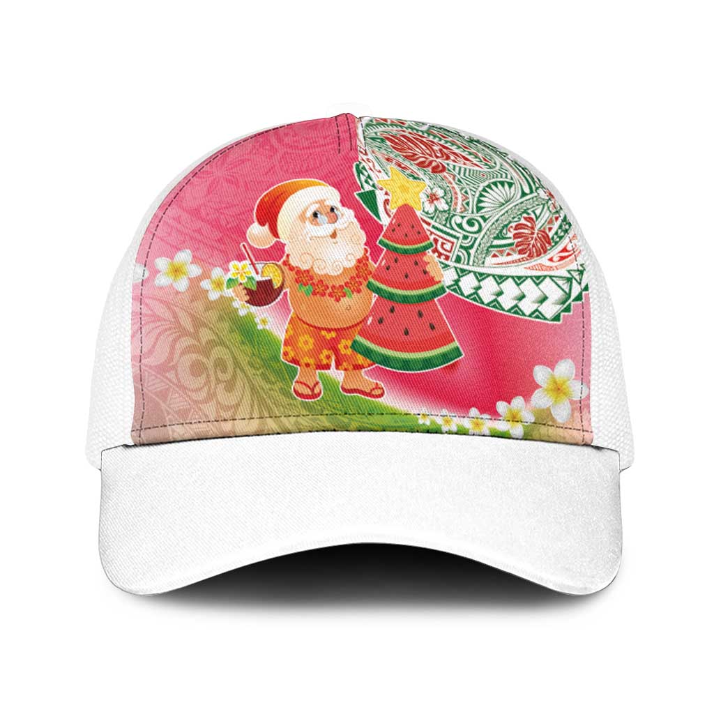 Hawaiian Watermelon Mele Kalikimaka Baseball Net Cap Tropical Tribal Pattern with Funny Santa Claus