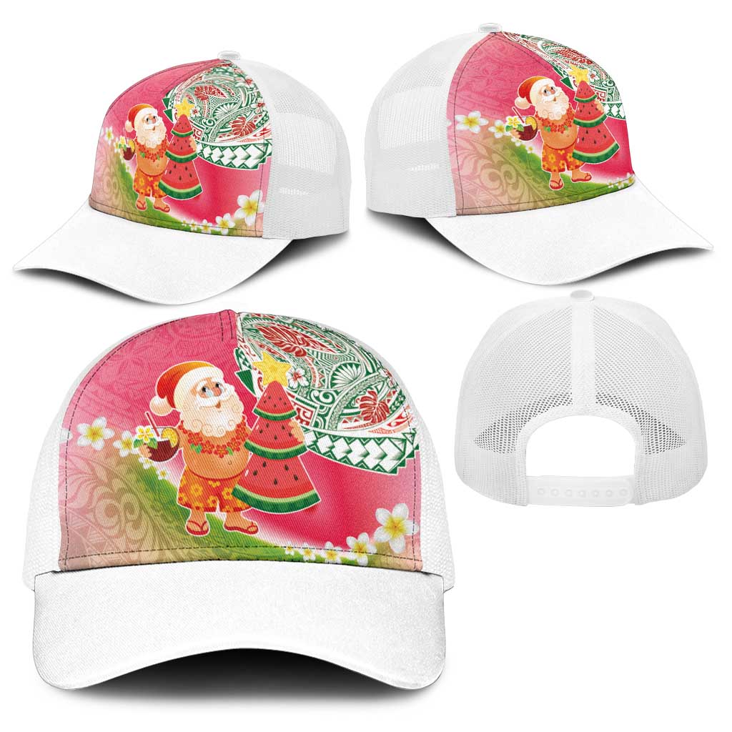 Hawaiian Watermelon Mele Kalikimaka Baseball Net Cap Tropical Tribal Pattern with Funny Santa Claus