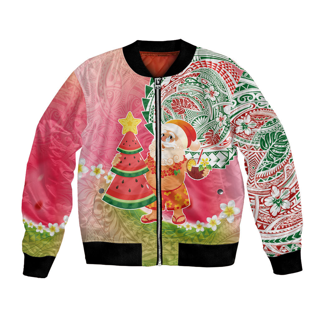 Hawaiian Watermelon Mele Kalikimaka Bomber Jacket Tropical Tribal Pattern with Funny Santa Claus