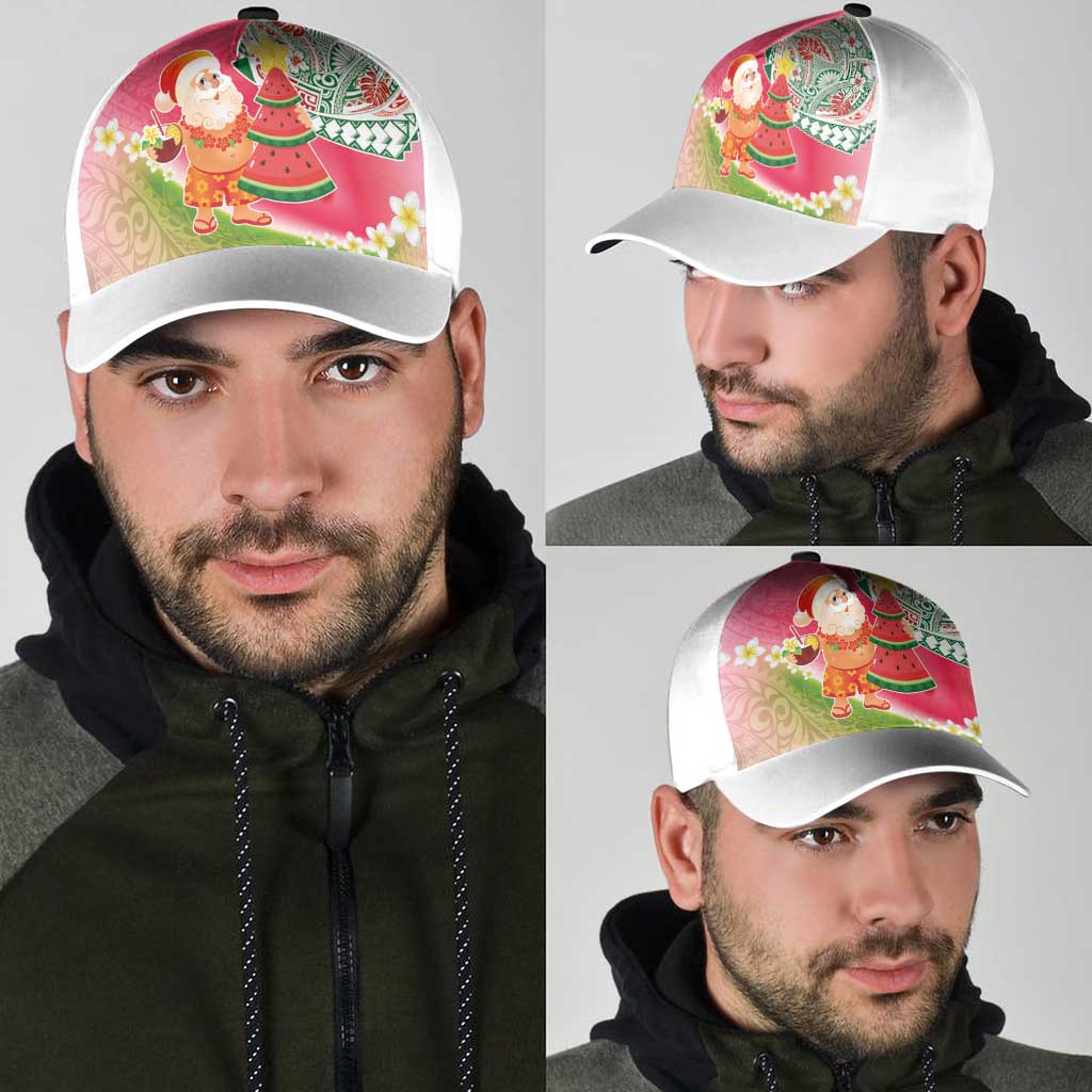 Hawaiian Watermelon Mele Kalikimaka Classic Cap Tropical Tribal Pattern with Funny Santa Claus