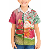 Hawaiian Watermelon Mele Kalikimaka Kid Hawaiian Shirt Tropical Tribal Pattern with Funny Santa Claus