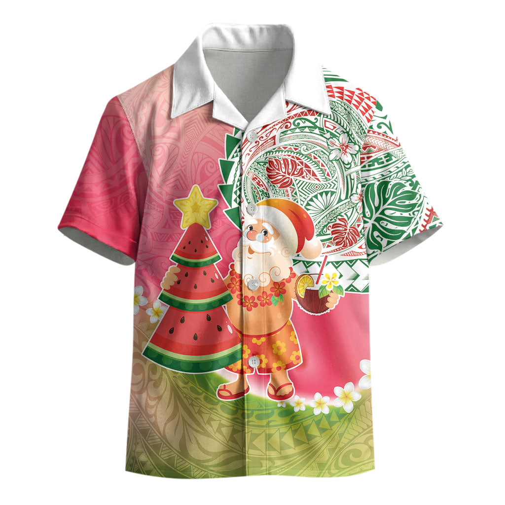 Hawaiian Watermelon Mele Kalikimaka Kid Hawaiian Shirt Tropical Tribal Pattern with Funny Santa Claus