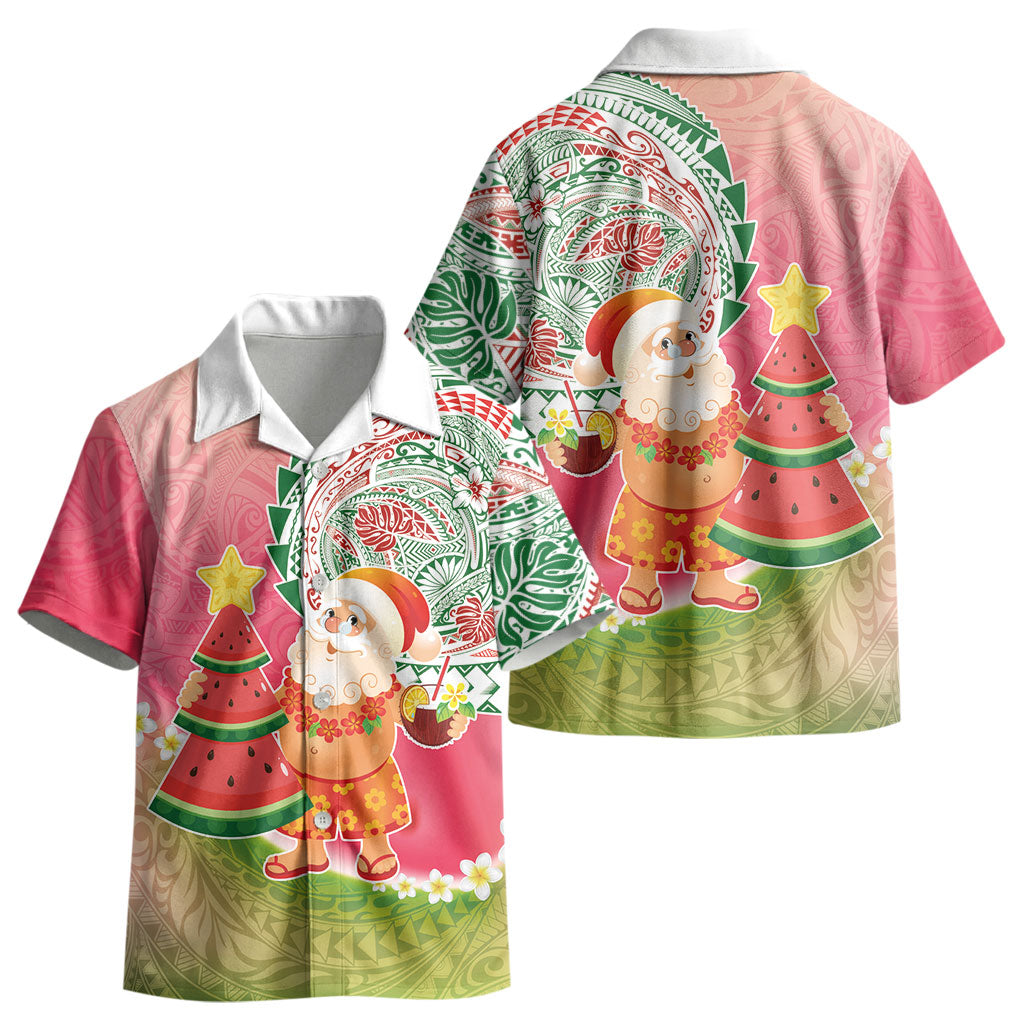 Hawaiian Watermelon Mele Kalikimaka Kid Hawaiian Shirt Tropical Tribal Pattern with Funny Santa Claus