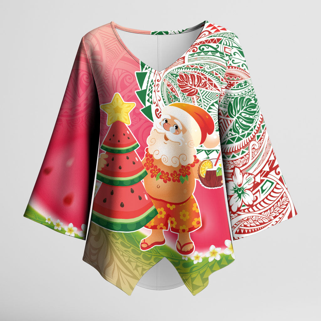 Hawaiian Watermelon Mele Kalikimaka Kimono Sleeve Blouse Tropical Tribal Pattern with Funny Santa Claus