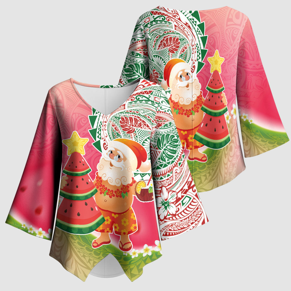 Hawaiian Watermelon Mele Kalikimaka Kimono Sleeve Blouse Tropical Tribal Pattern with Funny Santa Claus