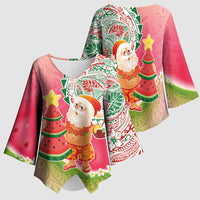 Hawaiian Watermelon Mele Kalikimaka Kimono Sleeve Blouse Tropical Tribal Pattern with Funny Santa Claus