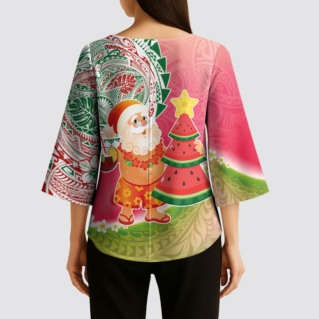 Hawaiian Watermelon Mele Kalikimaka Kimono Sleeve Blouse Tropical Tribal Pattern with Funny Santa Claus