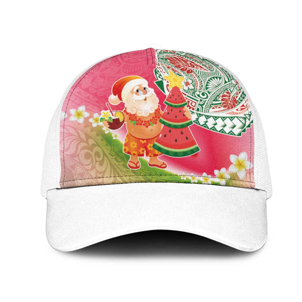 Hawaiian Watermelon Mele Kalikimaka Mesh Trucker Cap Tropical Tribal Pattern with Funny Santa Claus