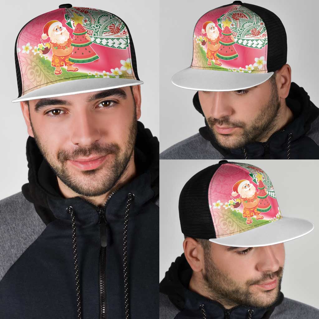 Hawaiian Watermelon Mele Kalikimaka Mesh Trucker Cap Tropical Tribal Pattern with Funny Santa Claus