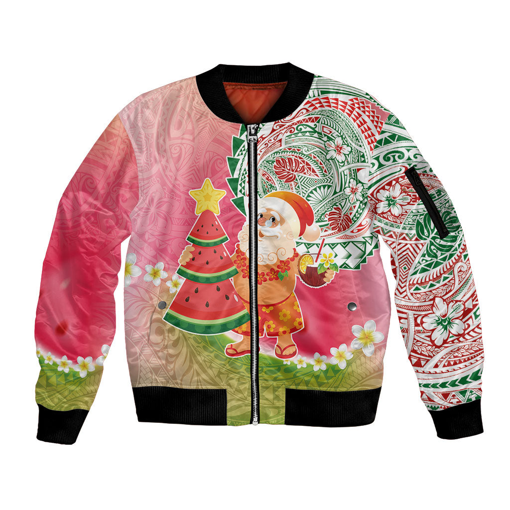 Hawaiian Watermelon Mele Kalikimaka Sleeve Zip Bomber Jacket Tropical Tribal Pattern with Funny Santa Claus