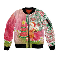 Hawaiian Watermelon Mele Kalikimaka Sleeve Zip Bomber Jacket Tropical Tribal Pattern with Funny Santa Claus