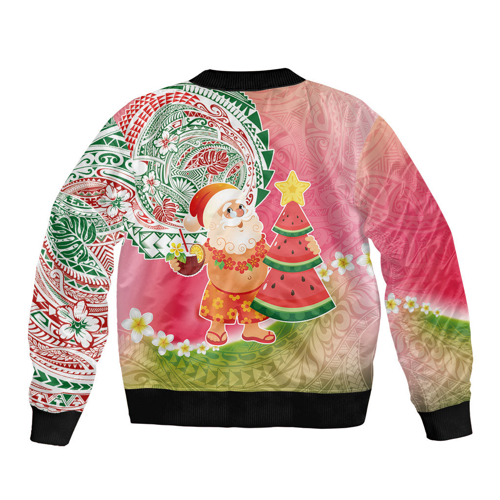 Hawaiian Watermelon Mele Kalikimaka Sleeve Zip Bomber Jacket Tropical Tribal Pattern with Funny Santa Claus