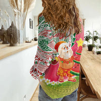 Hawaiian Watermelon Mele Kalikimaka Women Casual Shirt Tropical Tribal Pattern with Funny Santa Claus