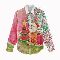 Hawaiian Watermelon Mele Kalikimaka Women Casual Shirt Tropical Tribal Pattern with Funny Santa Claus