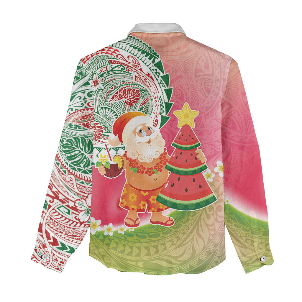 Hawaiian Watermelon Mele Kalikimaka Women Casual Shirt Tropical Tribal Pattern with Funny Santa Claus