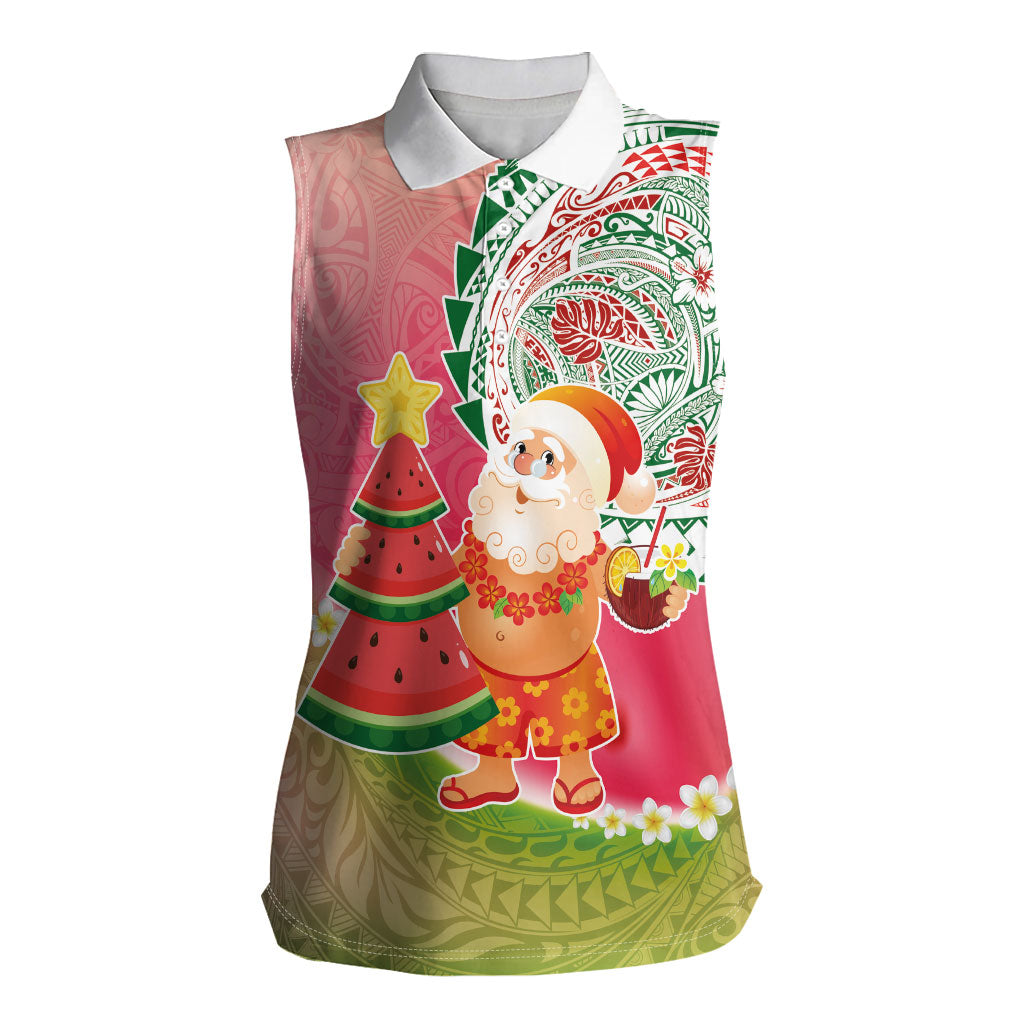 Hawaiian Watermelon Mele Kalikimaka Women Sleeveless Polo Shirt Tropical Tribal Pattern with Funny Santa Claus