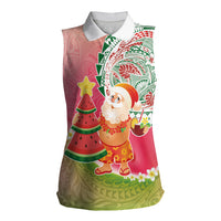 Hawaiian Watermelon Mele Kalikimaka Women Sleeveless Polo Shirt Tropical Tribal Pattern with Funny Santa Claus