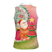 Hawaiian Watermelon Mele Kalikimaka Women Sleeveless Polo Shirt Tropical Tribal Pattern with Funny Santa Claus