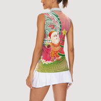 Hawaiian Watermelon Mele Kalikimaka Women Sleeveless Polo Shirt Tropical Tribal Pattern with Funny Santa Claus
