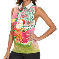 Hawaiian Watermelon Mele Kalikimaka Women Sleeveless Polo Shirt Tropical Tribal Pattern with Funny Santa Claus