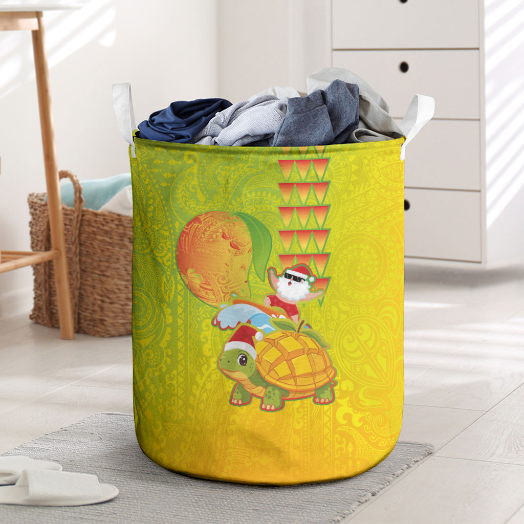 Hawaiian Mango Mele Kalikimaka Laundry Basket Santa Claus Surfing with Turtle Mango Christmas