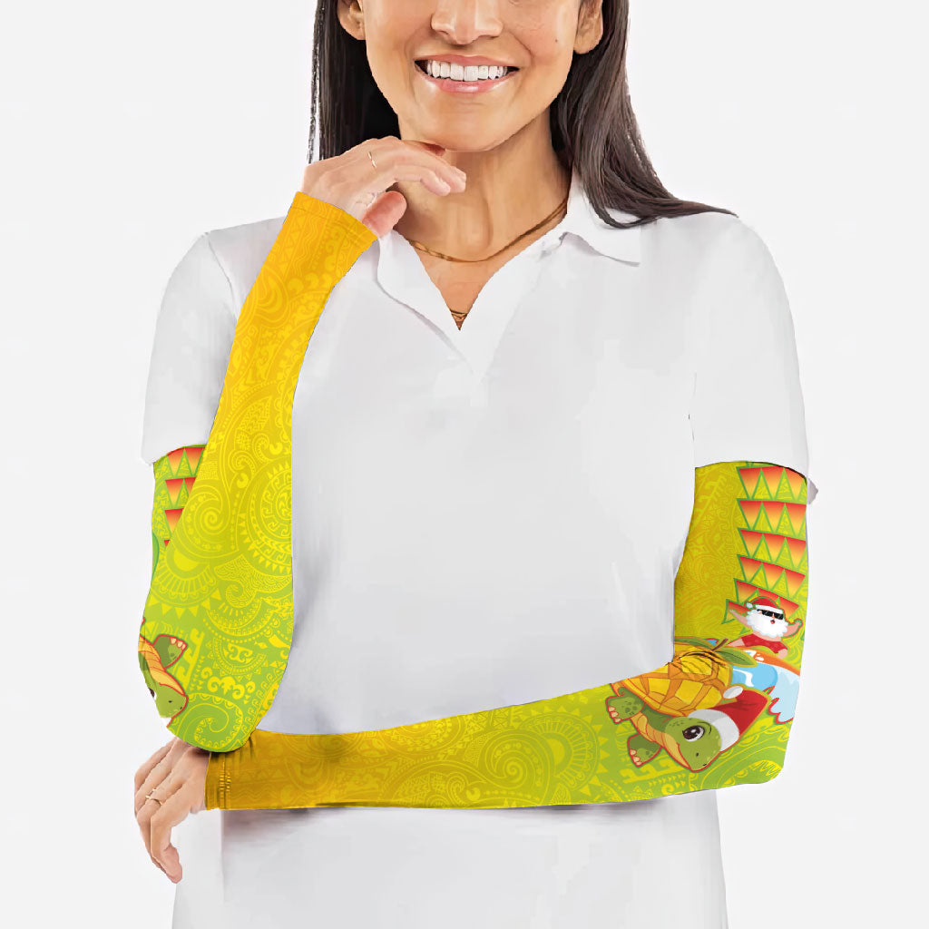 Hawaiian Mango Mele Kalikimaka Arm Sleeves Santa Claus Surfing with Turtle Mango Christmas