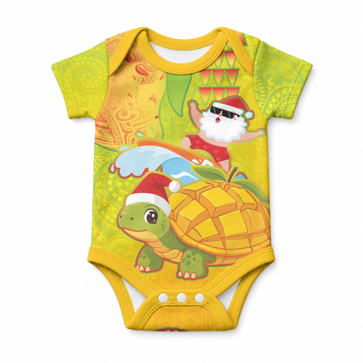 Hawaiian Mango Mele Kalikimaka Baby Onesie Santa Claus Surfing with Turtle Mango Christmas