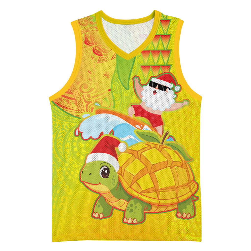 Hawaiian Mango Mele Kalikimaka Basketball Jersey Santa Claus Surfing with Turtle Mango Christmas