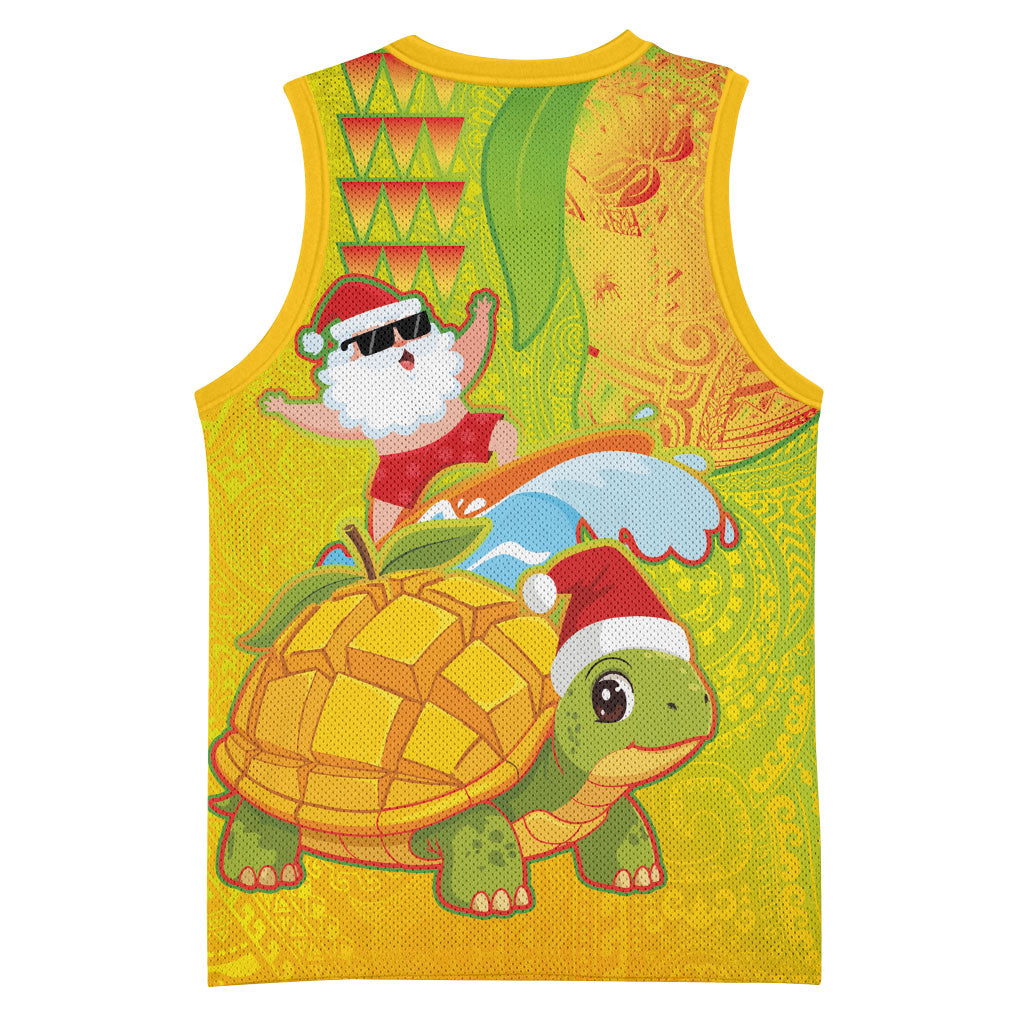 Hawaiian Mango Mele Kalikimaka Basketball Jersey Santa Claus Surfing with Turtle Mango Christmas