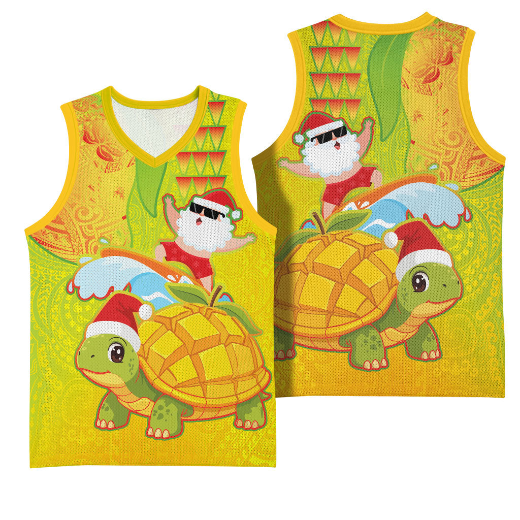 Hawaiian Mango Mele Kalikimaka Basketball Jersey Santa Claus Surfing with Turtle Mango Christmas