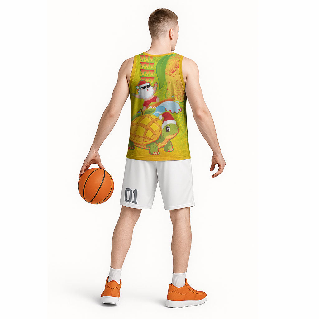 Hawaiian Mango Mele Kalikimaka Basketball Jersey Santa Claus Surfing with Turtle Mango Christmas