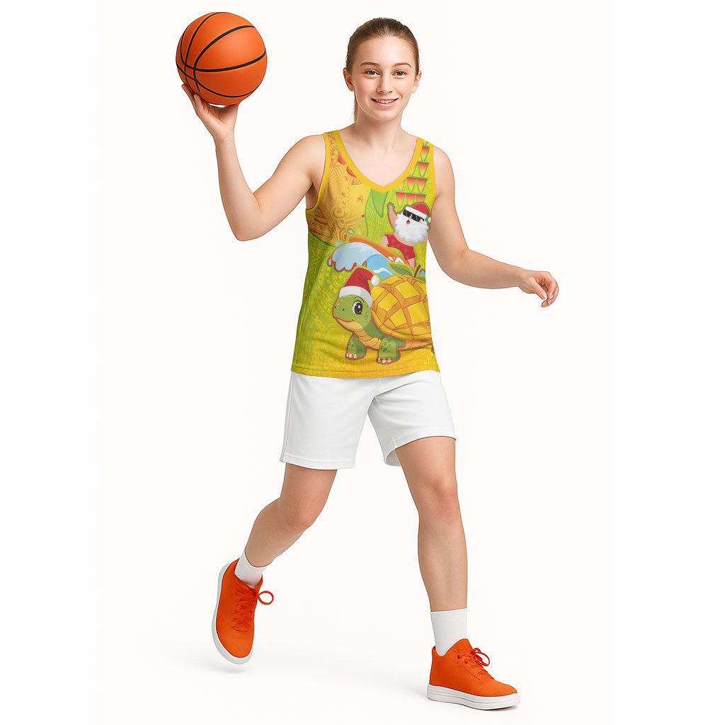 Hawaiian Mango Mele Kalikimaka Basketball Jersey Santa Claus Surfing with Turtle Mango Christmas