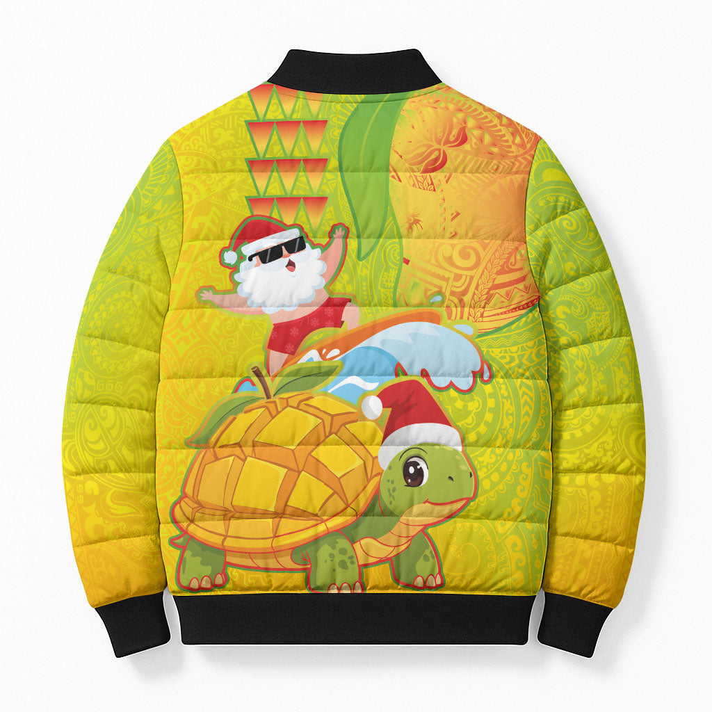 Hawaiian Mango Mele Kalikimaka Bomber Puffer Jacket Santa Claus Surfing with Turtle Mango Christmas
