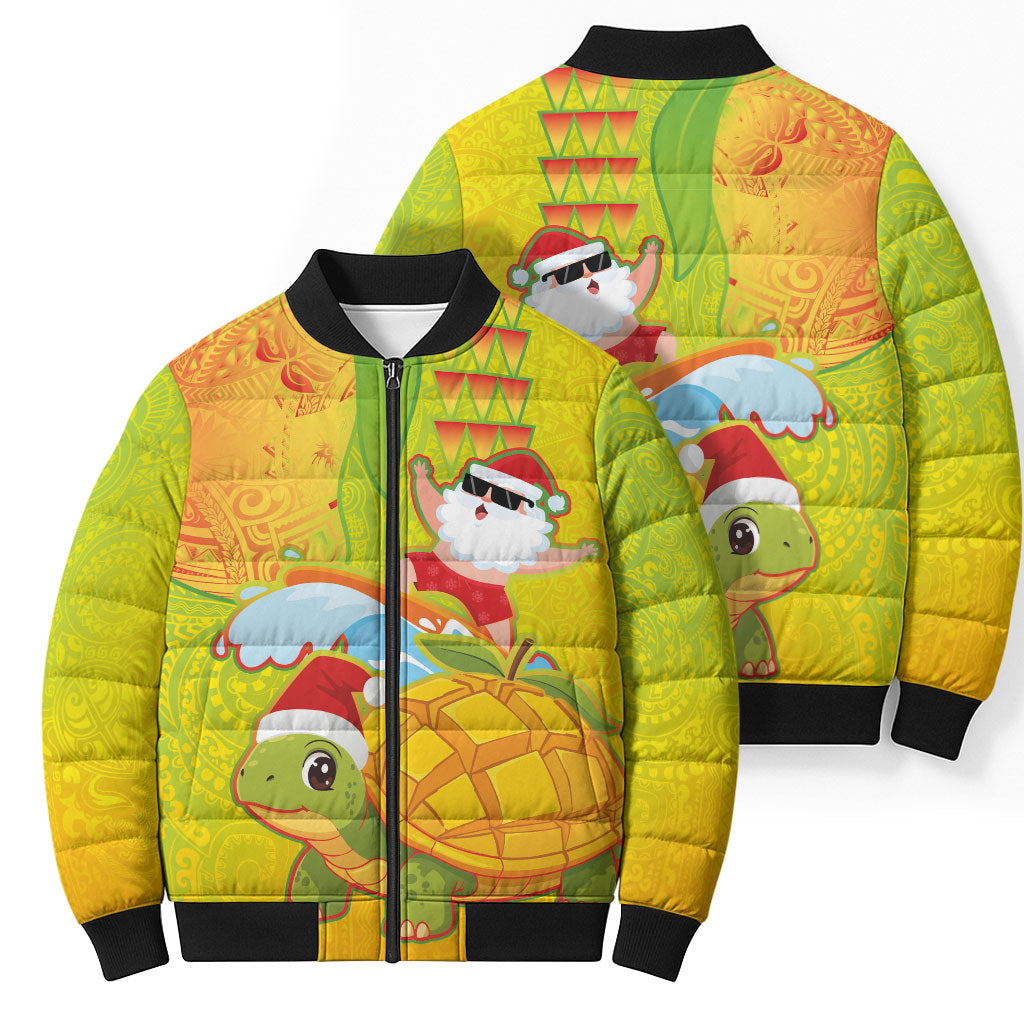 Hawaiian Mango Mele Kalikimaka Bomber Puffer Jacket Santa Claus Surfing with Turtle Mango Christmas