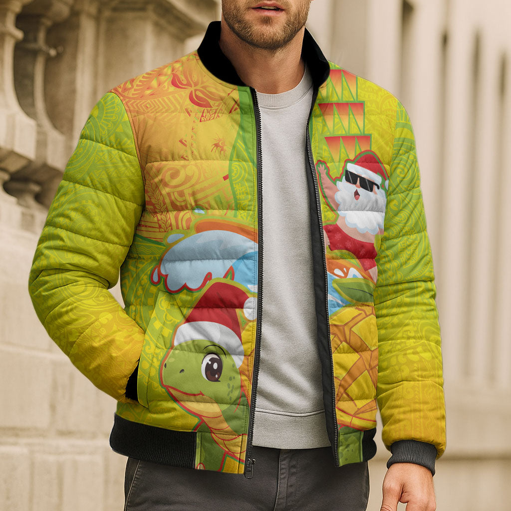Hawaiian Mango Mele Kalikimaka Bomber Puffer Jacket Santa Claus Surfing with Turtle Mango Christmas