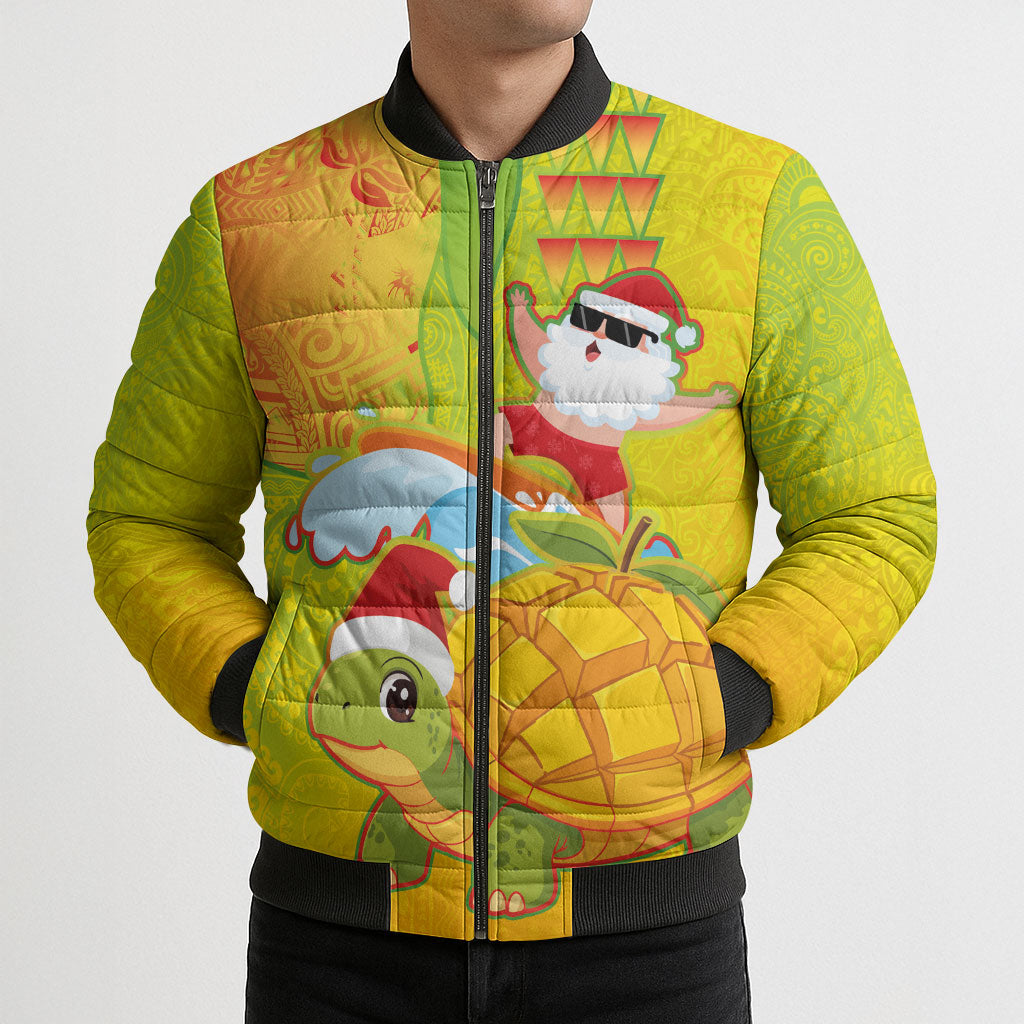 Hawaiian Mango Mele Kalikimaka Bomber Puffer Jacket Santa Claus Surfing with Turtle Mango Christmas