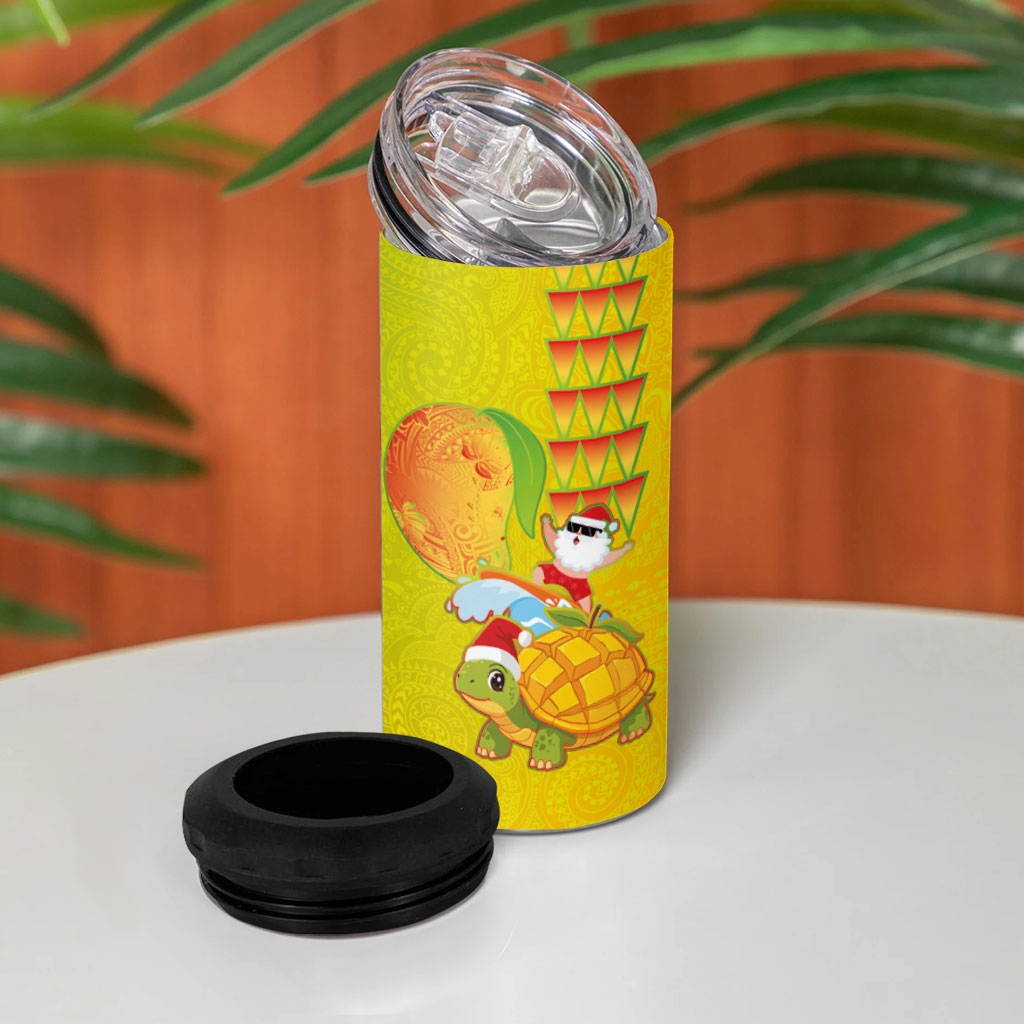 Hawaiian Mango Mele Kalikimaka 4 in 1 Can Cooler Tumbler Santa Claus Surfing with Turtle Mango Christmas