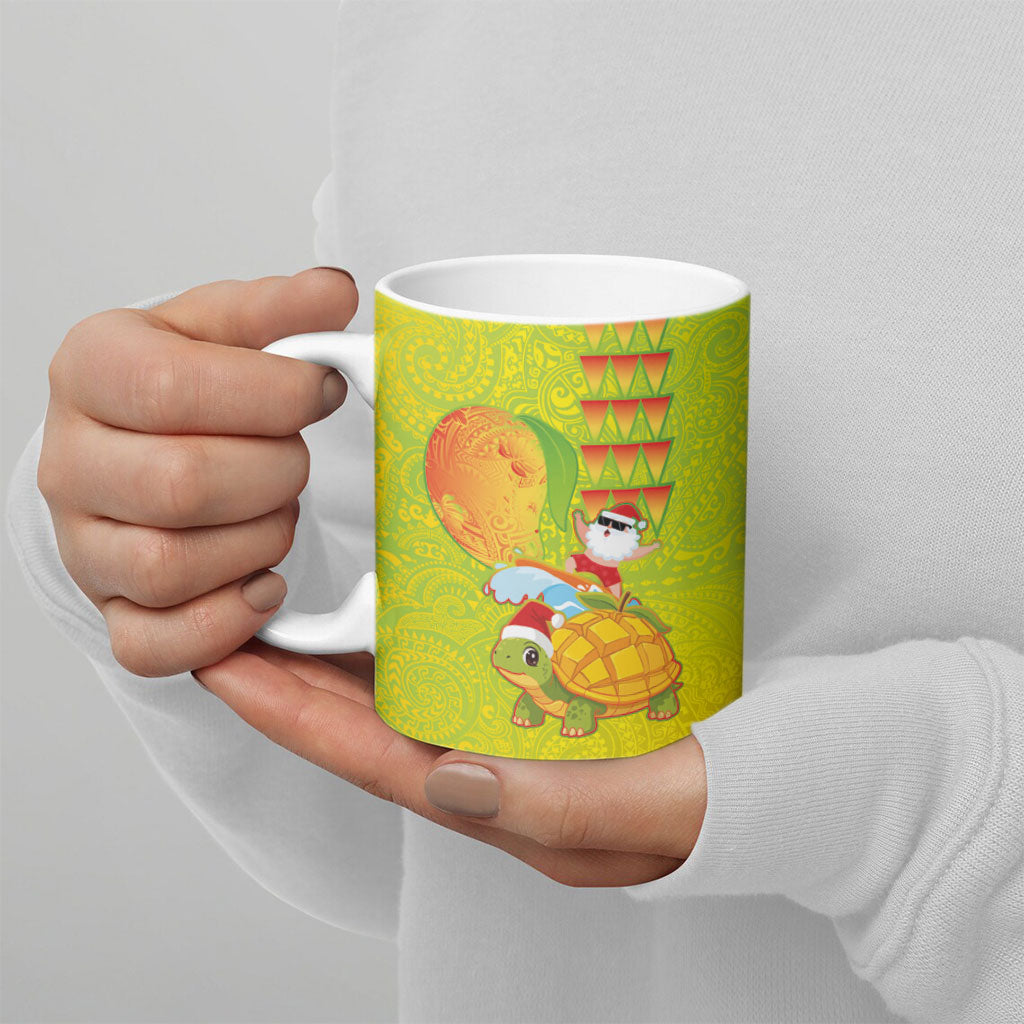 Hawaiian Mango Mele Kalikimaka Ceramic Mug Santa Claus Surfing with Turtle Mango Christmas
