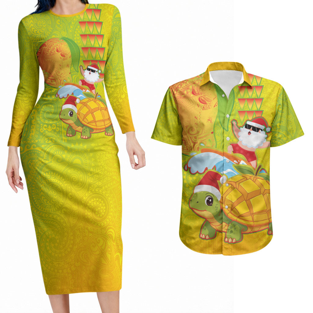 Hawaiian Mango Mele Kalikimaka Couples Matching Long Sleeve Bodycon Dress and Hawaiian Shirt Santa Claus Surfing with Turtle Mango Christmas
