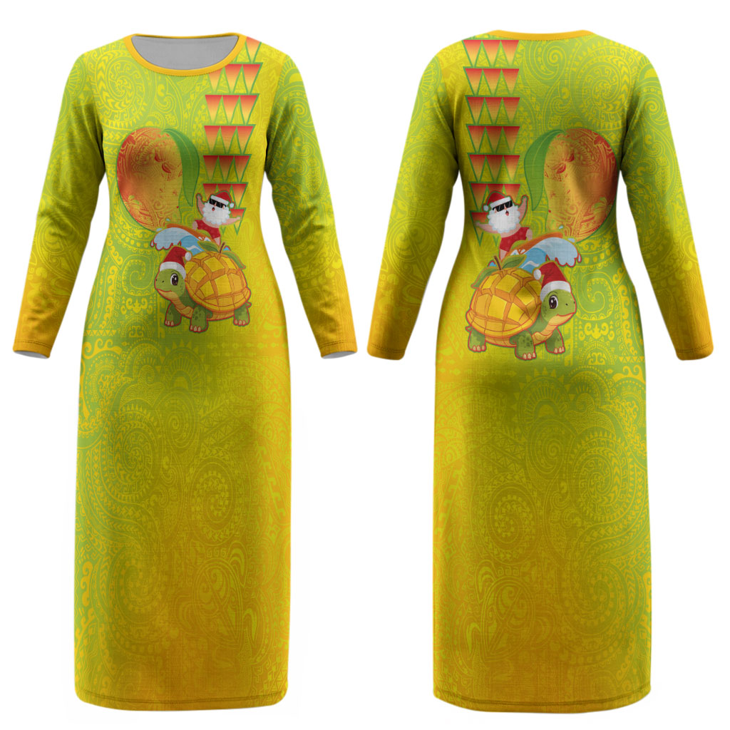 Hawaiian Mango Mele Kalikimaka Couples Matching Long Sleeve Bodycon Dress and Hawaiian Shirt Santa Claus Surfing with Turtle Mango Christmas