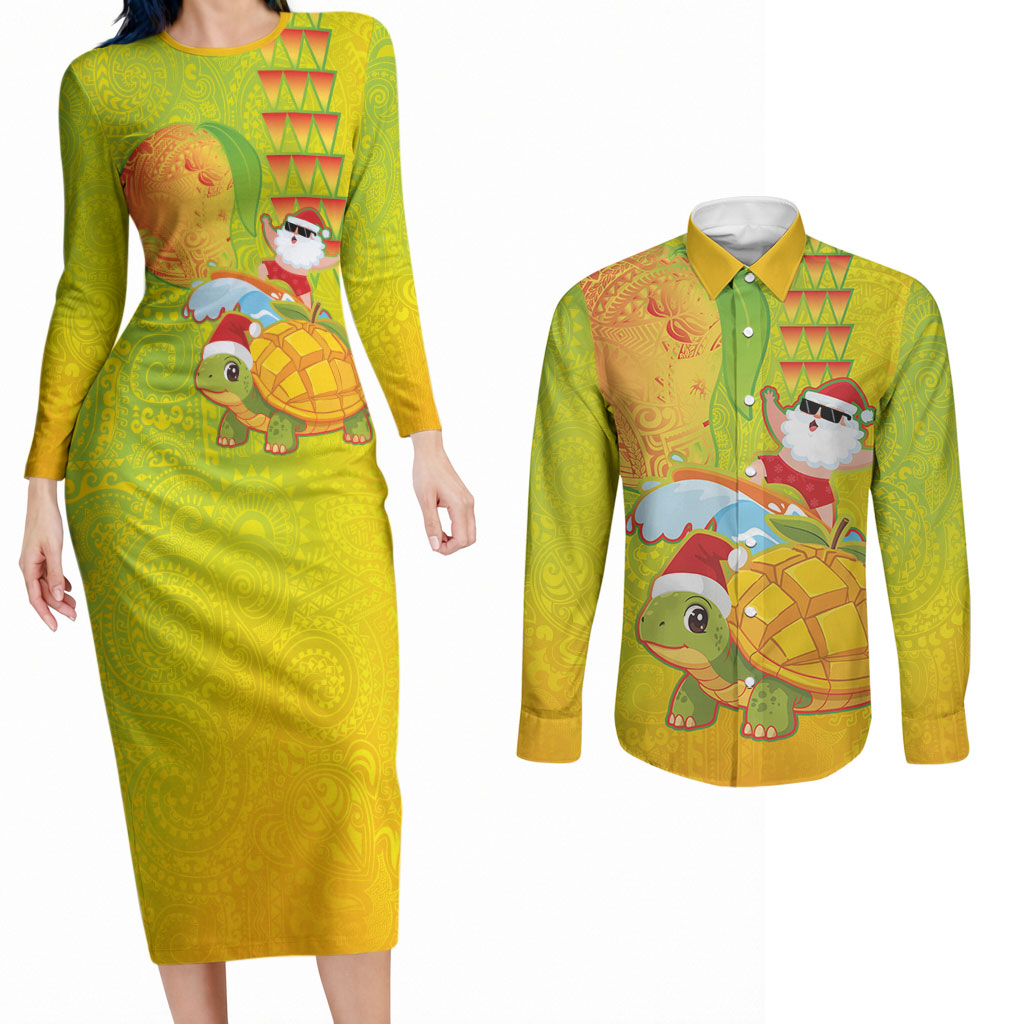 Hawaiian Mango Mele Kalikimaka Couples Matching Long Sleeve Bodycon Dress and Long Sleeve Button Shirt Santa Claus Surfing with Turtle Mango Christmas