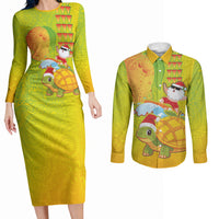 Hawaiian Mango Mele Kalikimaka Couples Matching Long Sleeve Bodycon Dress and Long Sleeve Button Shirt Santa Claus Surfing with Turtle Mango Christmas