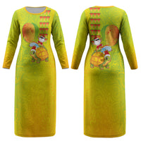Hawaiian Mango Mele Kalikimaka Couples Matching Long Sleeve Bodycon Dress and Long Sleeve Button Shirt Santa Claus Surfing with Turtle Mango Christmas